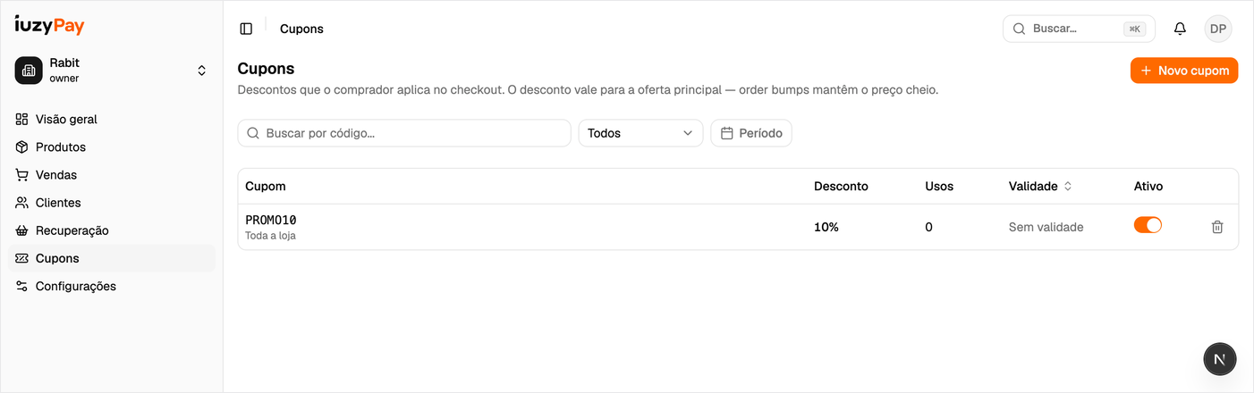 Página de Cupons com um cupom de desconto ativo