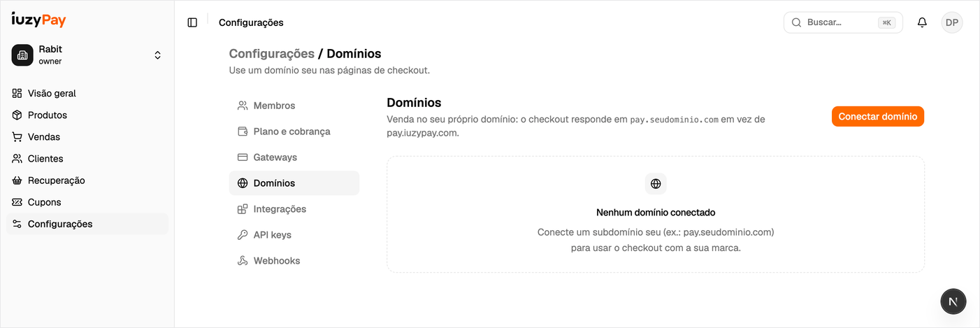 Seção Domínios em Configurações, pronta para conectar um subdomínio