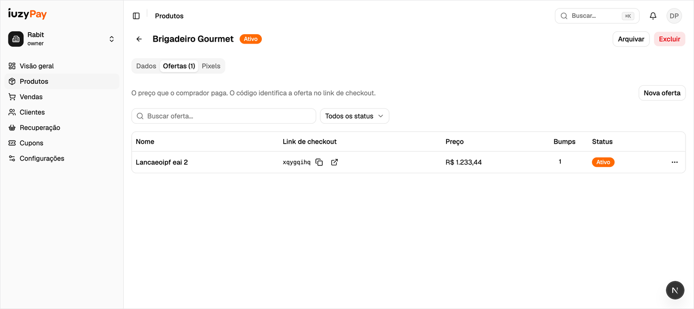 Aba de Ofertas de um produto, com o link de checkout de cada oferta