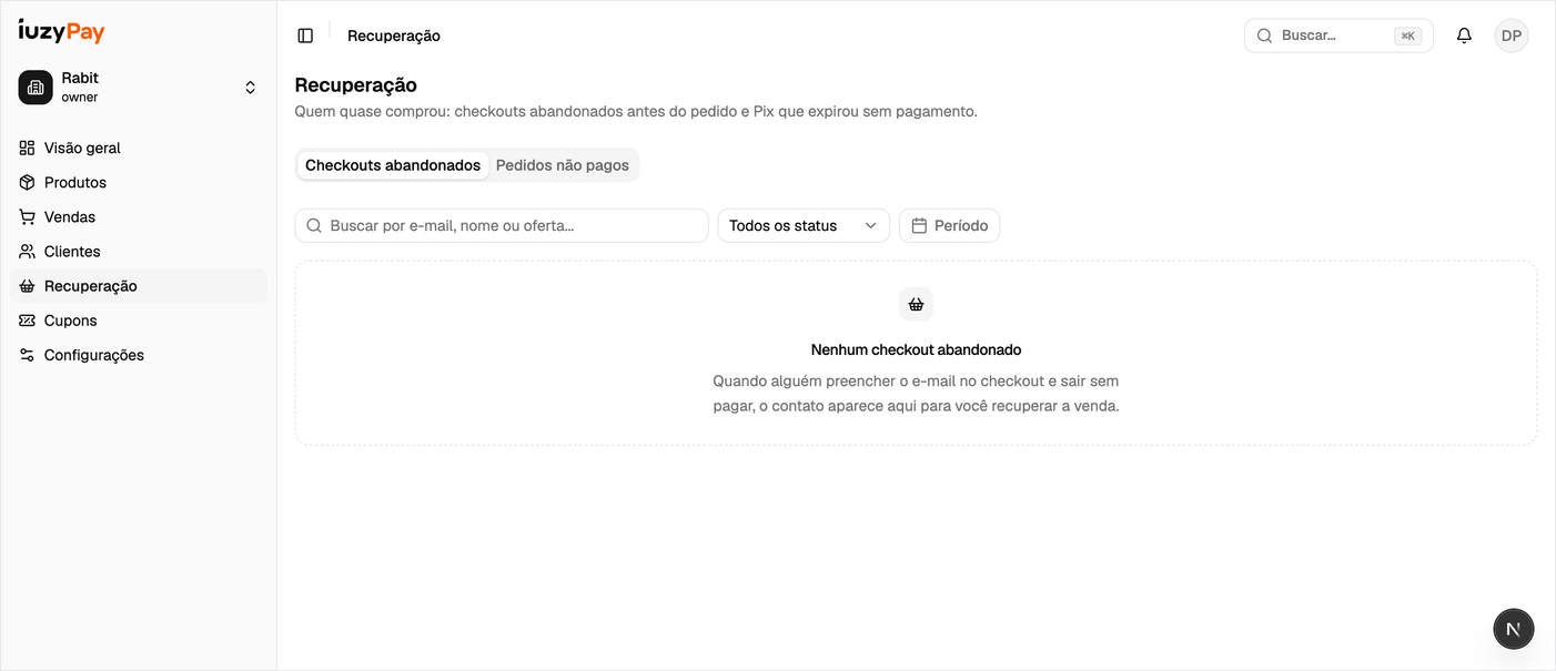 Página Recuperação com as abas Checkouts abandonados e Pedidos não pagos