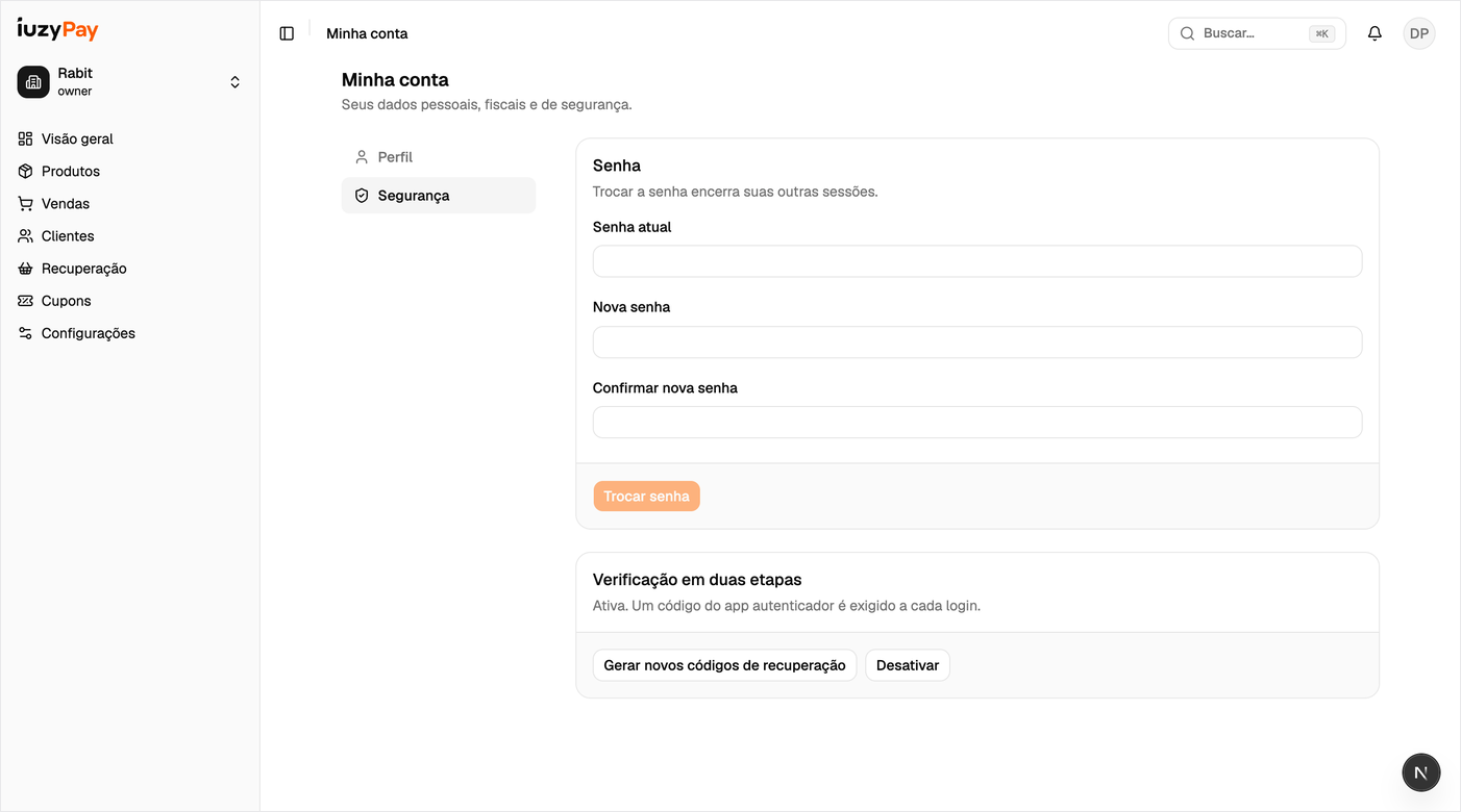 Seção Segurança em Minha conta, com a verificação em duas etapas
